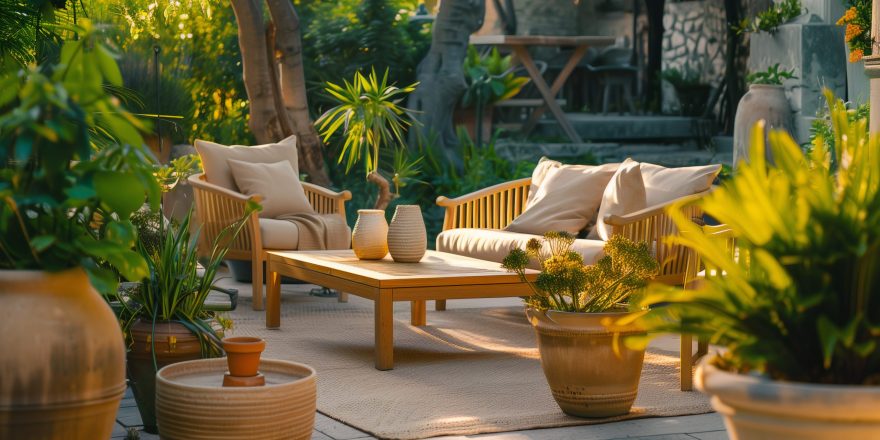 Wooden chairs on a patio surrounded by lush greenery